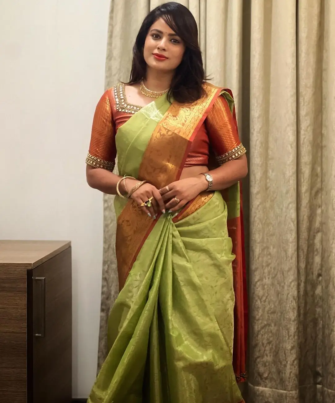 Nandita Swetha in Indian Traditional Green Saree Blouse